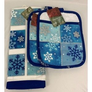 Holiday Time Kitchen 1 snowflake Glitter Towel & 2 Snowflake Glitter Potholders